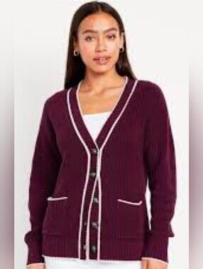 Old Navy Women's Plum Button-Up Cardigan with Cream Trim